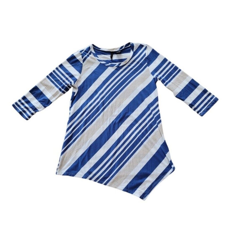 New Directions Women's 3/4 Sleeve Top Size Medium Blue White Tan Stripe Shirt